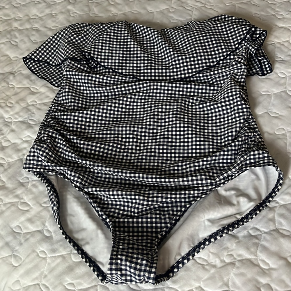 Kona Sol Navy Blue Checkered Flounce High Coverage One Piece Swim Suit XL